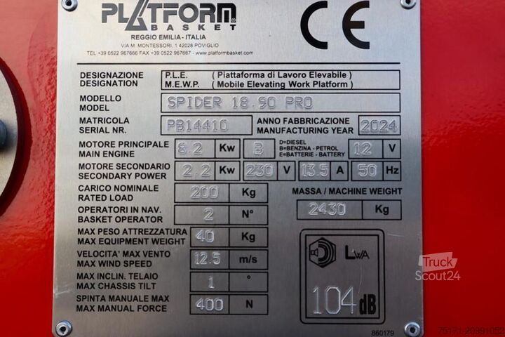 Plate-forme de travail télescopique articulée Platform Basket Spider 18.90 PRO CE Declaration, Valid inspection,
