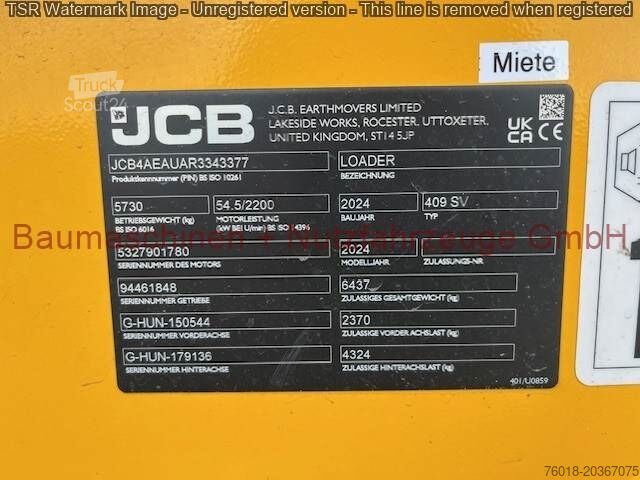 Wiellader JCB 409 BJ. 2024 ca. 380 Bh