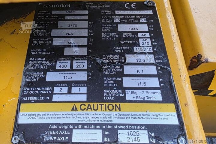 Artikulisan teleskopski bum lift Snorkel A38E As-Is, Electric, 13.5m Working Height, 6.1m R