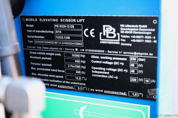 Scissor lift PB Lifttechnik S225-12ES Electric, 22.5m Working Height, 450kg Ca