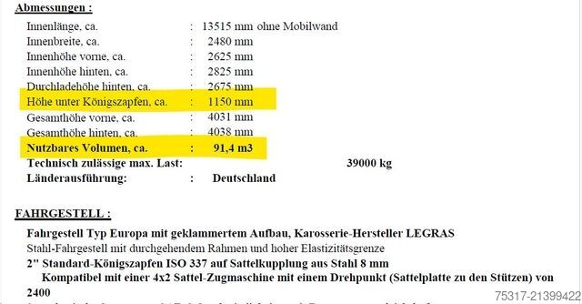 Návěs s pohyblivou podlahou LEGRAS C03 S / 92 m³ / 7 mm boden /7800 kg nur 23000 km