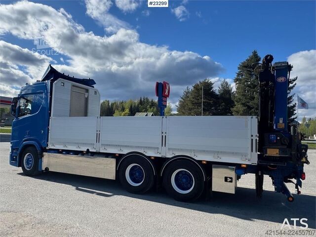 Kranwagen Scania R660 6x4 flatbed truck with rear-mounted 23 tonne-