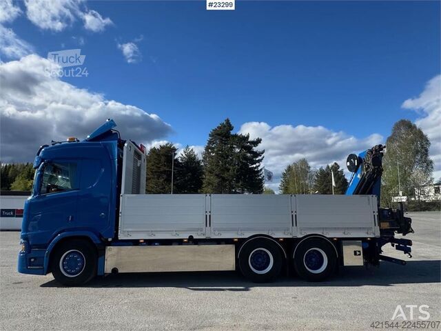 Kranwagen Scania R660 6x4 flatbed truck with rear-mounted 23 tonne-