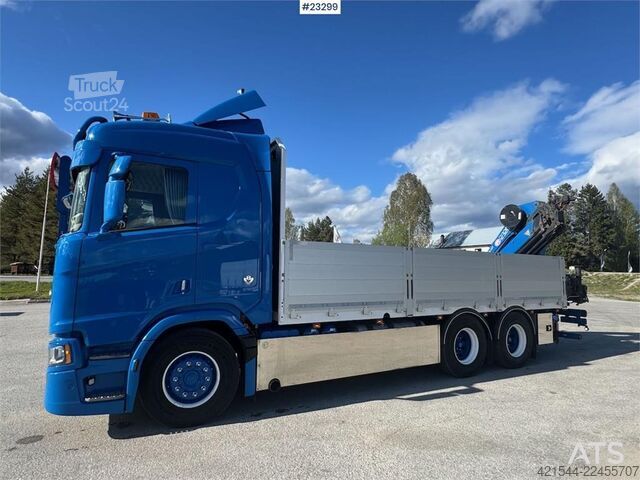 Kranwagen Scania R660 6x4 flatbed truck with rear-mounted 23 tonne-