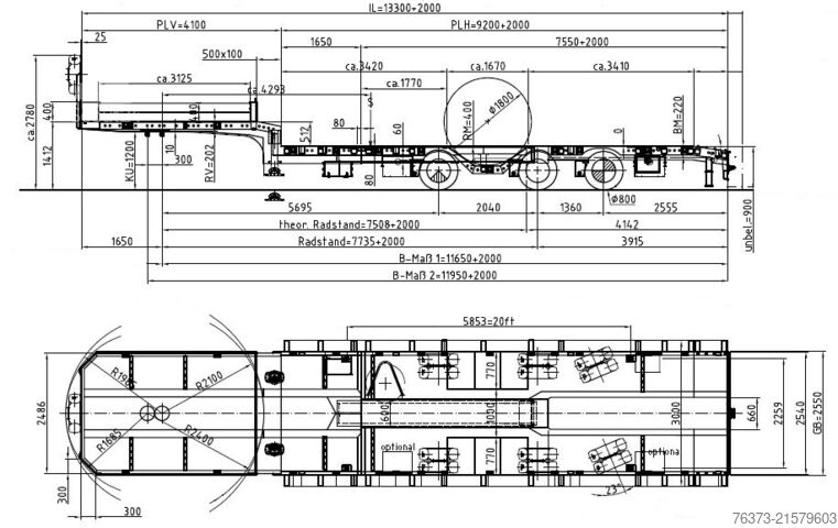 Tieflader-Sattelauflieger Meusburger 3-Achs-Tele-Semi mit 1 Paar Radmulden
