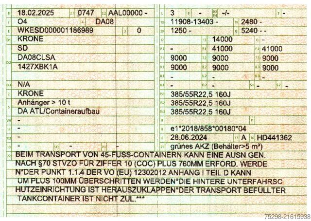 Swap body semitrailer KRONE SD / Liftachse / Teleskop / 11.908 - 13.403 mm