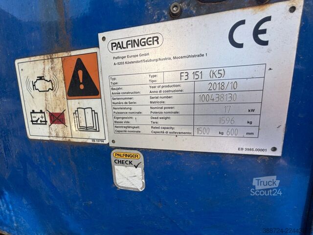 Manipulador telescópico PALFINGER F3 151 K5*Mitnahmestapler*Tragfähigkeit: 1500kg*