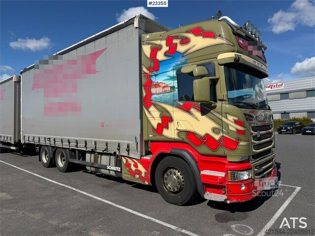 Συρόμενος μουσαμάς Scania R520 6x2 box truck with a 2-axle Schmitz Cargobull