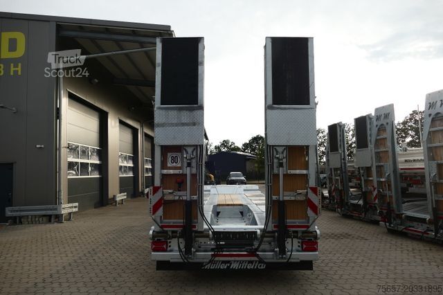 Släpvagn med arbetsplattform MÜLLER-MITTELTAL 5 achs Tieflader, Nachlauflenkachse, MA liftbar