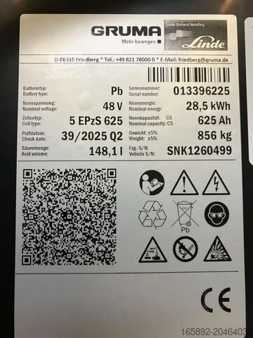 Gabelstaplerbatterie GRUMA 48 Volt 5 PzS 625 Ah