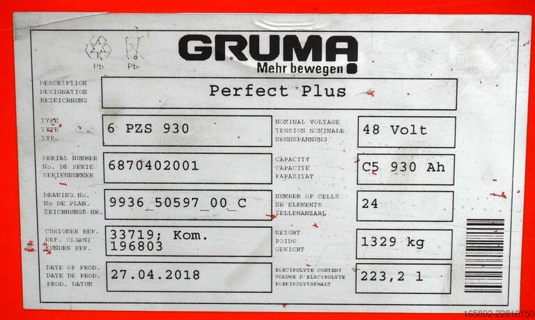 Gaffeltruckbatteri GRUMA 48 Volt 6 PzS 930 Ah