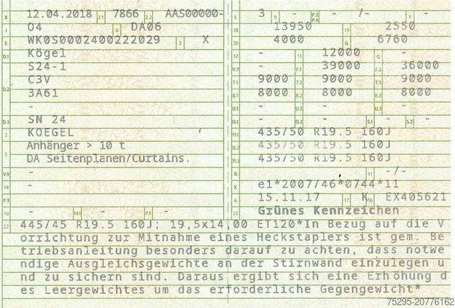 Atvērta puspiekabe ar tentu KÖGEL 3 Achs MEGA Staplerhalter Lift SAF TÜV02/26