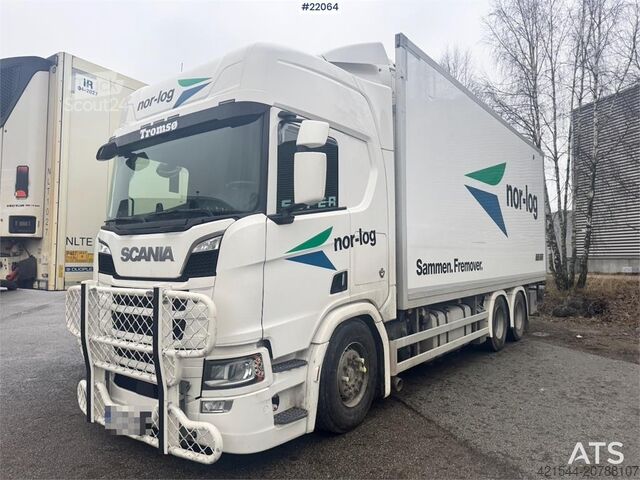Box body Scania R660 6x4 box truck with refrigeration/freezer unit