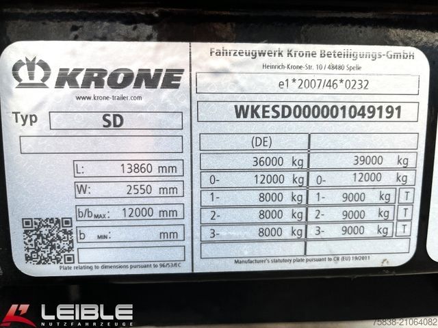 Semi-remorque bâchée KRONE SD*Tautliner*Liftachse*BPW Disc*Code XL*