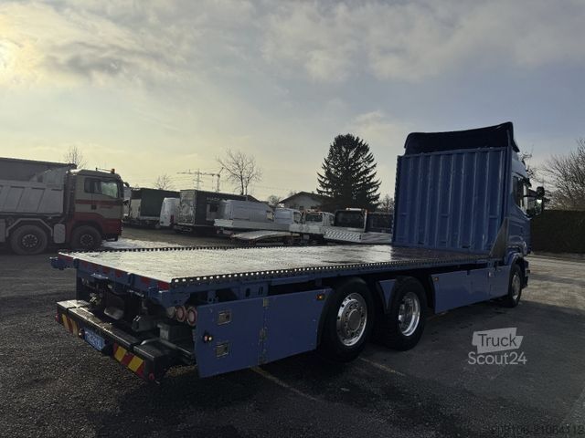 Flatbed truck SCANIA R 500 Pritsche 6x2 Lift Lenkachse Klima Retarder