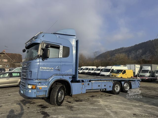 Flatbed truck SCANIA R 500 Pritsche 6x2 Lift Lenkachse Klima Retarder