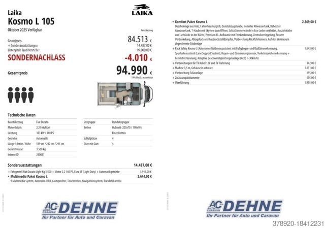 Półzintegrowany kamper LAIKA Kosmo L 105 sofort Verfügbar