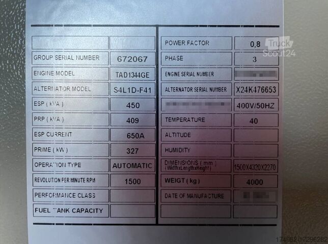 Agregate Volvo TAD1344GE - 450 kVA Generator - DPX-18880