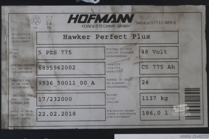 μπαταρία ανυψωτικού μηχανήματος HAWKER 48 Volt 5 PzS 775 Ah