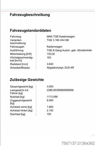 Kastenwagen hoch MAN TGE 3.180 4X4 ALLRAD NEU !!3 X NOCH VORHANDEN!!