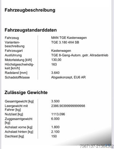 Kastenwagen hoch MAN TGE 3.180 4X4 ALLRAD NEU !!3 X NOCH VORHANDEN!!