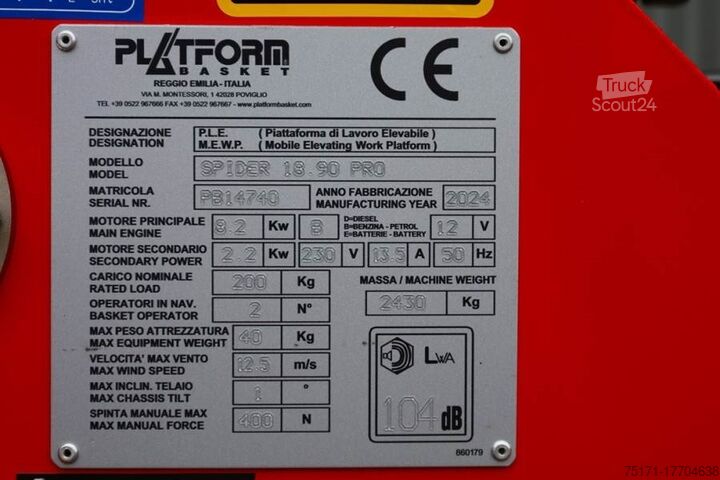 Scharnierende telescopische hoogwerker PLATFORM BAS Spider 18.90 PRO CE Declaration, Vali