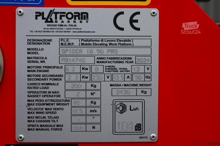 Leddelt teleskopisk arbejdsplatform Platform Basket Spider 18.90 PRO CE Declaration, Valid inspection,
