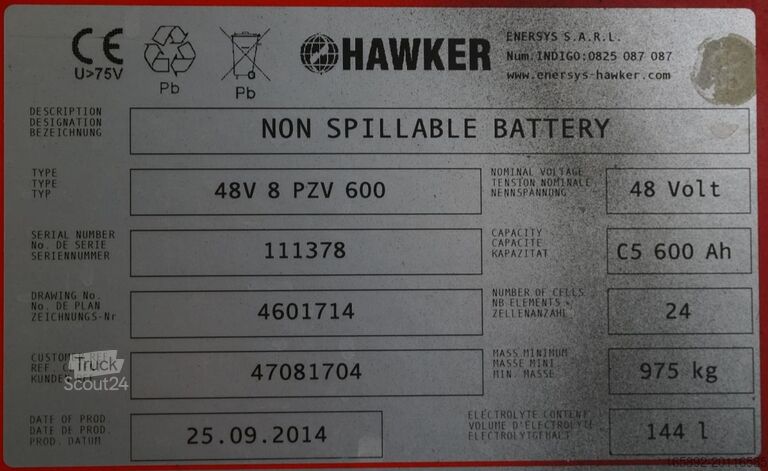Batería de carretilla elevadora HAWKER 48 Volt 8 PzS 600 Ah