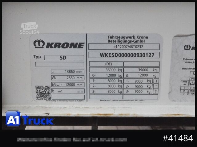 Открытый полуприцеп с тентом KRONE SD, Getränke, LBW,Code XL,  VDI 2700