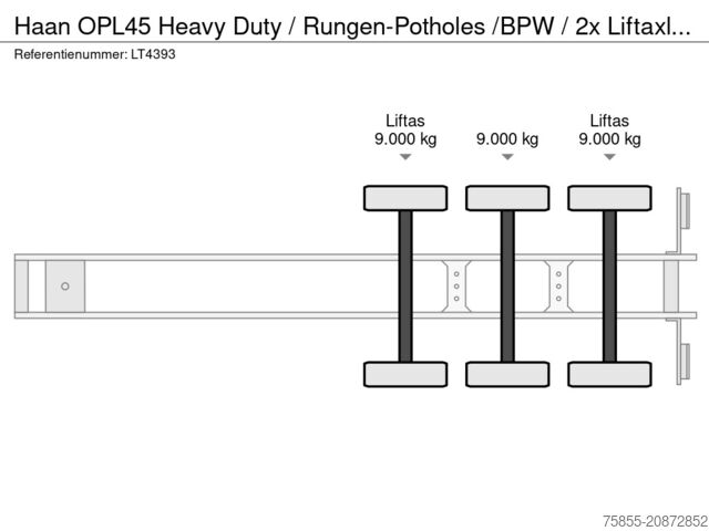 Plattformanhänger Haan OPL45 Heavy Duty / Rungen-Potholes /BPW / 2x Li...
