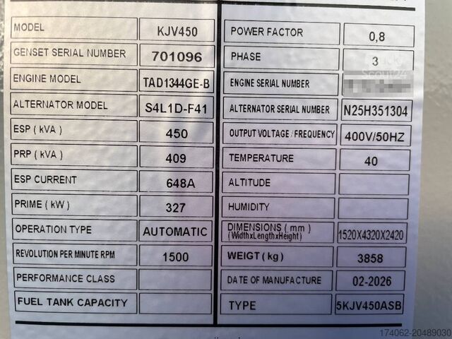 Aggregeret Volvo TAD1344GE - 450 kVA Generator - DPX-18880