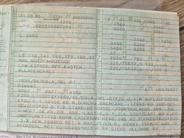 Billenőplatós furgon MAN 8.174 / E3 / Kipper Kran Greifer / 2X AHK