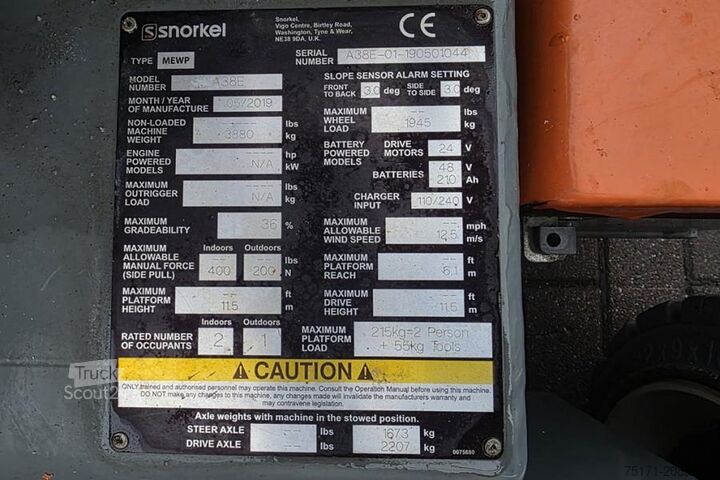 Scharnierende telescopische hoogwerker Snorkel A38E As-Is, Electric, 13.5m Working Height, 6.1m R