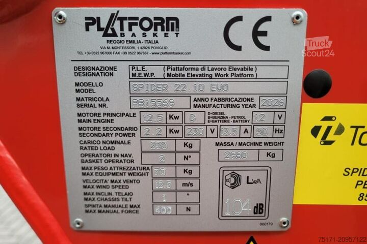 Csuklós teleszkópos munkaállvány Platform Basket SPIDER 22.10 EVO CE Declaration, Valid inspection,