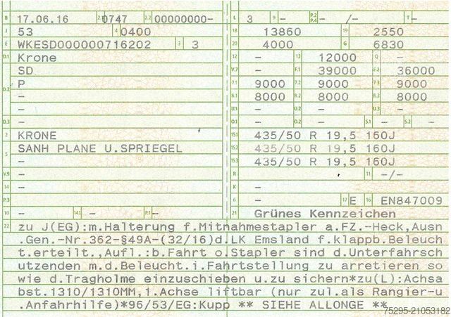 Semi-remorque bâchée KRONE 3Achs MEGA Staplerhalter Liftachse SAF TÜV05/26