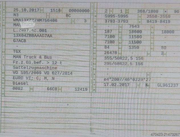 Volume tractor unit MAN TGX 18.500 FSA LLS-U*HubSPla*Luft/Luft*