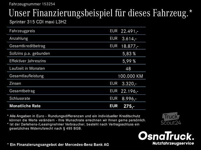 Bestelwagen met verhoogd dak MERCEDES-BENZ Sprinter 315 CDI maxi L3H2 Automat.,Kamera,Klima