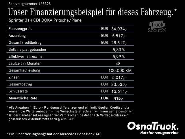 Schuifzeil bestelwagen MERCEDES-BENZ Sprinter 314 CDI DOKA Pritsche/Plane Klima,Tempo