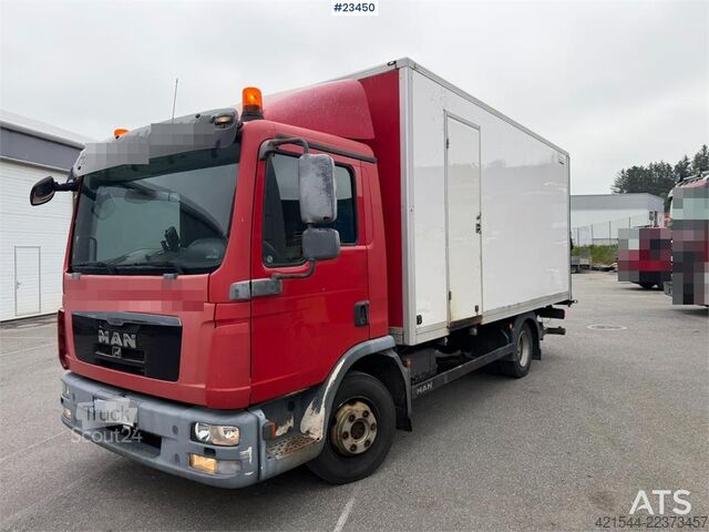  MAN TGL 8.220 4x2 box truck with a 2-ton lift