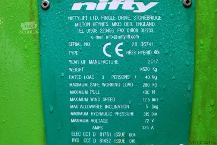 Mafsallı teleskopik çalışma platformu Niftylift HR28 Hybrid 4x4 As-Is, Hybrid, 4x4 Drive, 28m Work