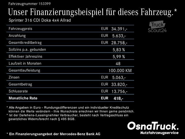 Pick-up bestelwagen MERCEDES-BENZ Sprinter 316 CDI Doka 4x4 Allrad Klima, 6-Sitze