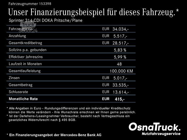 Pick-up bestelwagen MERCEDES-BENZ Sprinter 314 CDI DOKA Pritsche/Plane Klima,Tempo