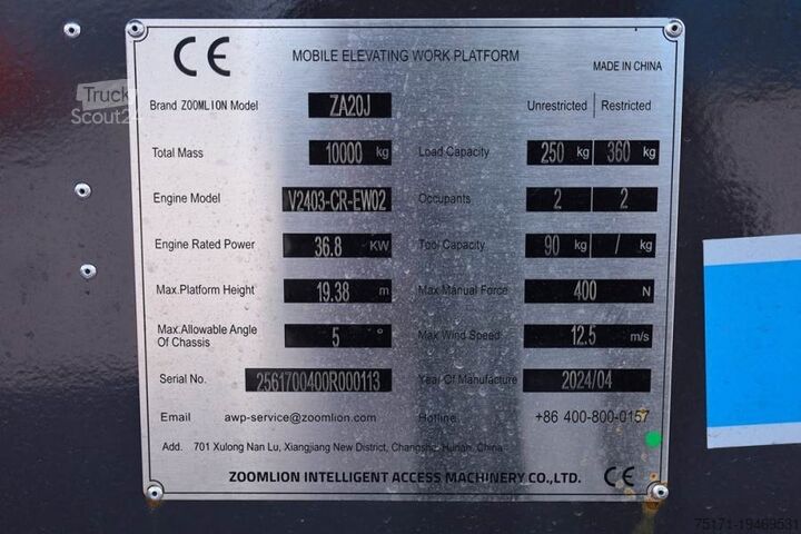 Piattaforma di lavoro telescopica articolata Zoomlion ZA20J NEW / UNUSED, Valid Inspection, *Guarantee!