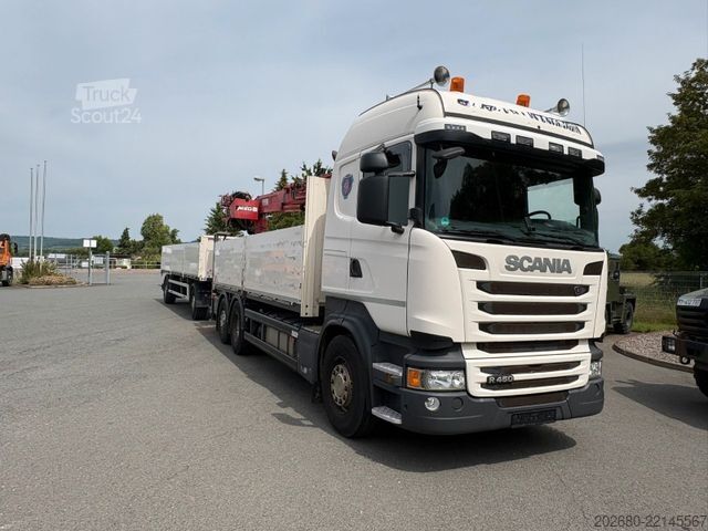Camión de plataforma SCANIA R 450 6x2/2 Baustoff Kran MKG 171 a2 Euro 6