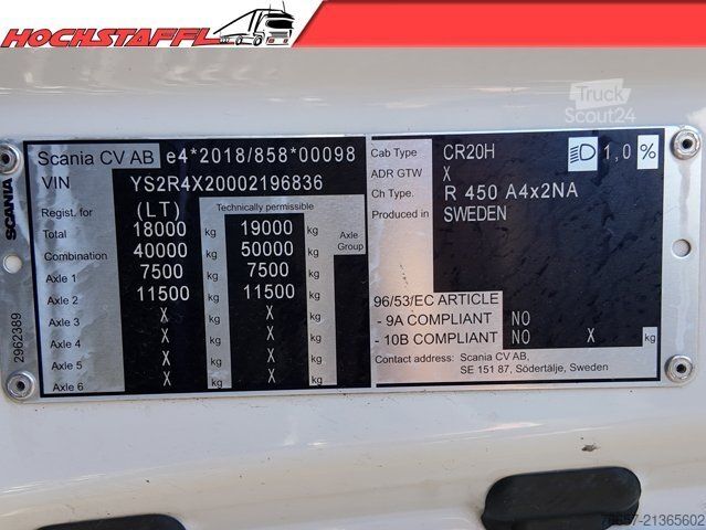 Tracteur routier standard SCANIA R450 Topline Sattelzugmaschine