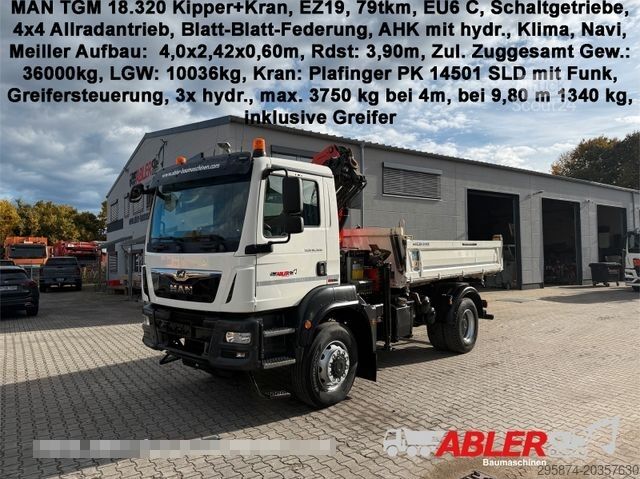 Camion ribaltabile trilaterale MAN TGM 18.320 Kipper+Kran Palfinger PK14501 SLD