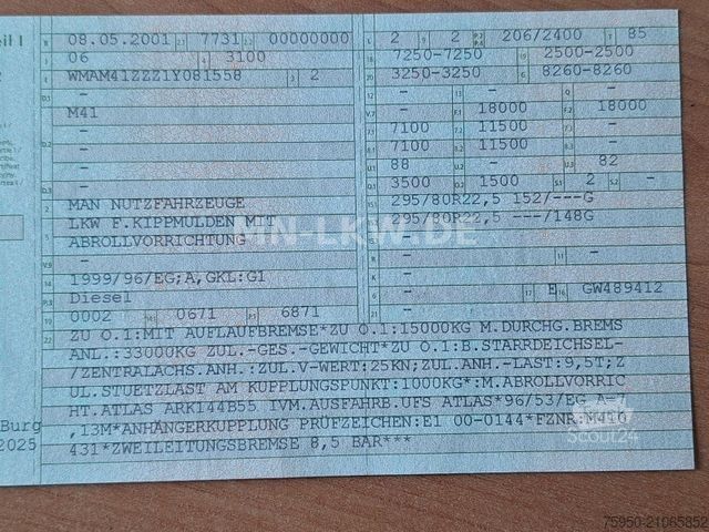 Tipper truck MAN 18.280 4x4 ALLRAD ABROLLKIPPER ATLAS HAKEN TÜV