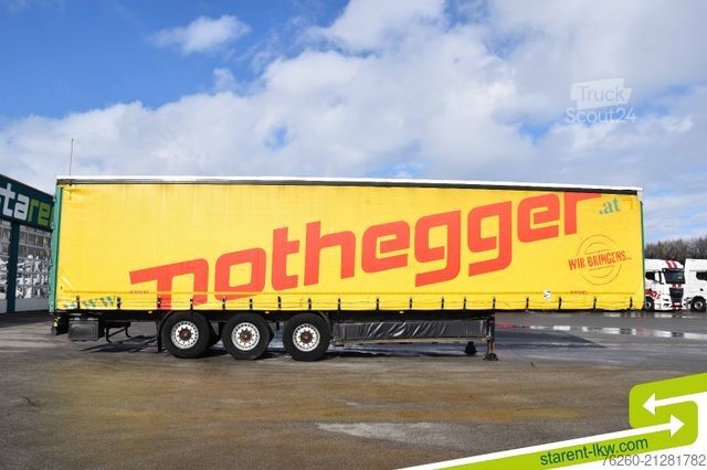 Nyitott ponyvás félpótkocsi KÖGEL Palettenkasten Lochrahmen SAF Achsen Zurringe