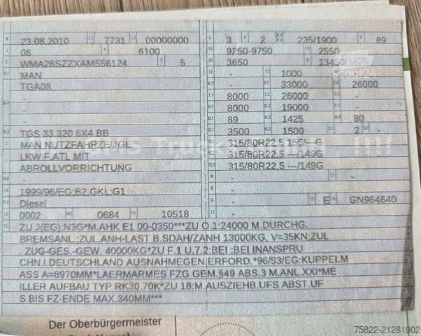 Châssis de camion MAN TGS 33.320 / WENIG KM / 6X4 / Full Steel /Manual