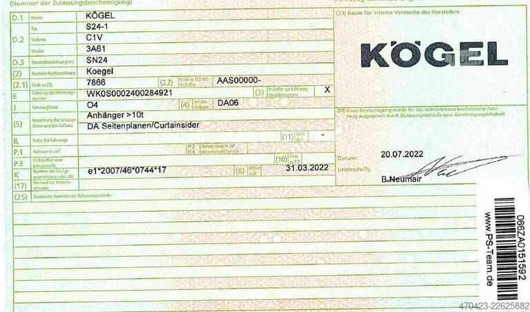 Brandalı açık yarı römork KÖGEL SN24*Edscha*LiftA*PalKa